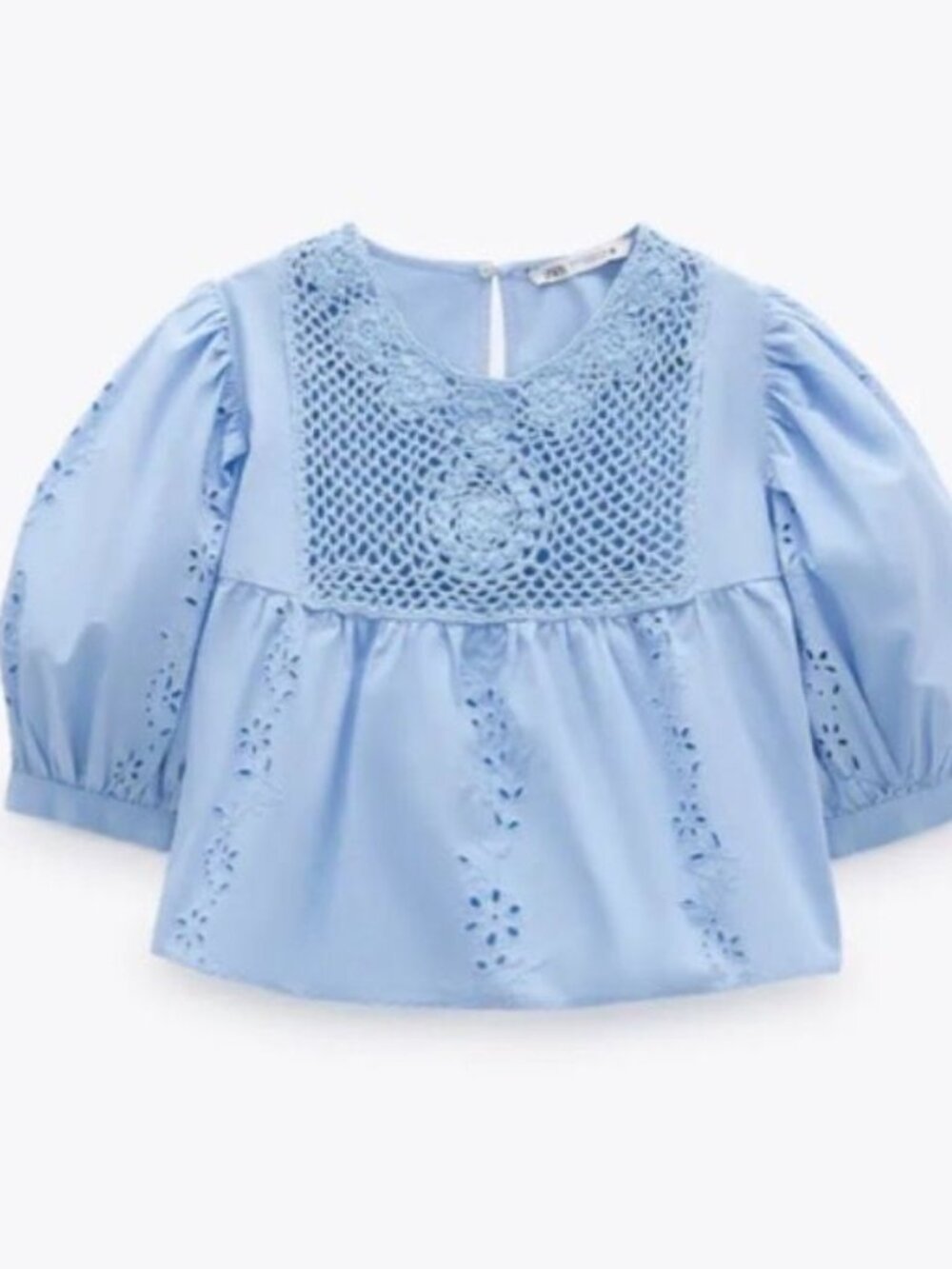 NWOT Zara Blue Cotton Eyelet Embroidery Blouse Top - Size Medium